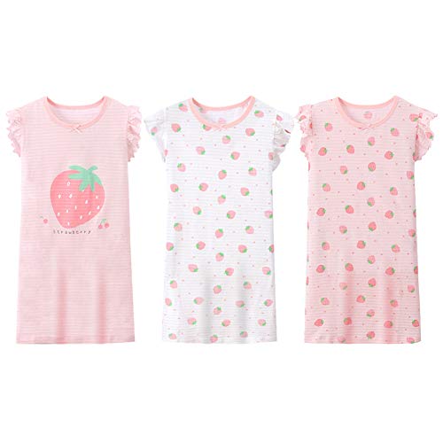 LPATTERN Kinder Mädchen 3er Pack Nachthemd Nachtwäsche Nachtkleid Schlafanzug Sleepwear aus Baumwolle - Erdbeere Motiv, Rosa Weiß Rosa | Erdbeere 3er Pack, 146(Label: 150)