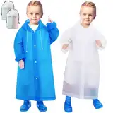 Domueay Regenponcho Kinder 2 Stück Wasserdicht Wiederverwendbar Durchsichtig Regencape mit Kapuze und Ärmeln Atmungsaktiv EVA Regenmantel Faltbar Leichte Regen Poncho für Jungen, Weiß und Blau