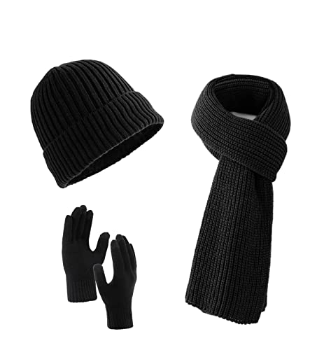 Villand Scarf Beanie Golves Set für Damen und Herren mit Geschenkbox (Schwarz)