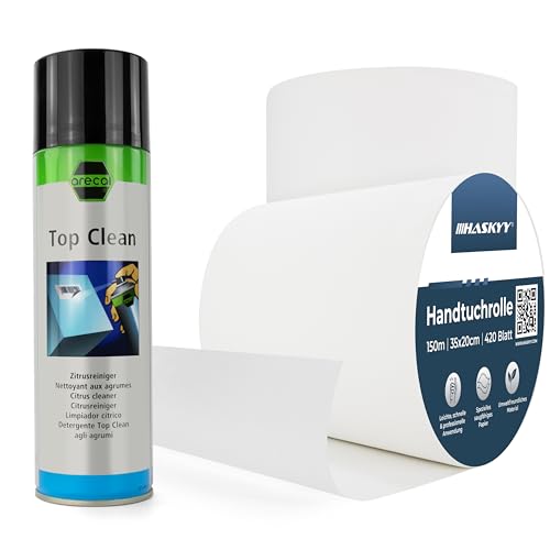 2x Putzrolle Papiertücher inkl Zitrusreiniger arecal Top Clean 500ml - 2-lagig 420 Blatt - gesamt 840 Blatt 35,5x20 cm perforiert saugstark Reinigungstücher Putzpapier Wischtücher Werkstattrolle