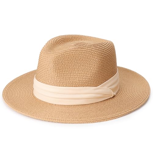 DRESHOW Damen Panama Hut Breiter Krempe Stroh Sommer Fedora Strohhut Panama Aufrollen Hut Strand Rollbar UV Sonnenhut UPF 50 +