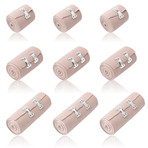 9 Stück Premium Elastische Bandage, Elastische Light Binde Bandage mit 2 Clips, Gedehnt, Luftdurchlässig, Elastisch, Fixierbinde Haftbandage Selbstklebend für Handgelenke Knöchel Knie