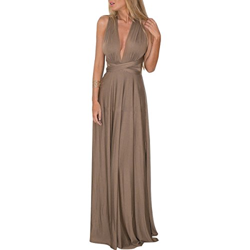 OBEEII Kleider Damen V-Ausschnitt Rückenfrei Neckholder Abendkleider Elegant Cocktailkleid Multi-Way Maxikleid Lang Chiffon Party Kleid Braun M
