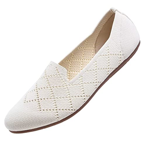 Puxowe Damen Ballerina Flache Schuhe Runde Zehe Strick Kleid Schuhe Niedriger Keil Slip On Ballerina Walking Flats Schuhe für Frauen Bequem Weich 38 EU Beige