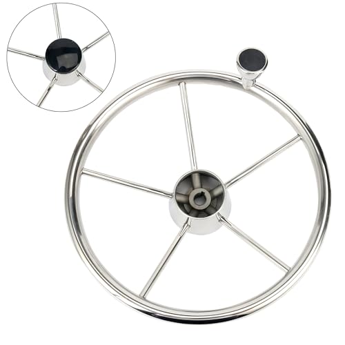 BOOMSTART Bootslenkrad Steuerrad 5 Speichen Ø 343 mm (13 1/2 Zoll) Silber mit schwarzer Kappe und Knopf der Größe M, für Pontonboot, Yacht Universal