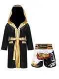 Fldy Boxen Kinder Outfit Boxing Shorts Boxmantel SetJungen Muay Thai Fight Shorts Und Satin Kapuzenmantel Weiß&Schwarz 122-128