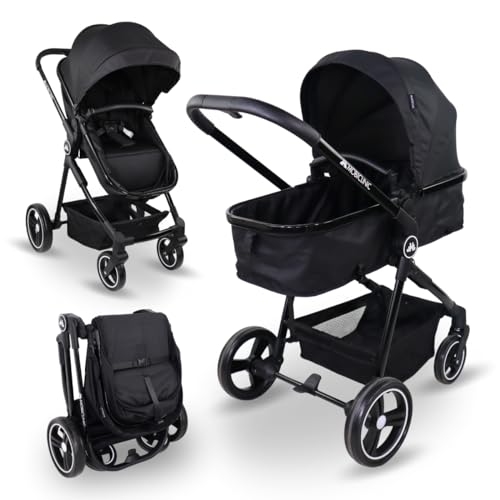 Mobiclinic® Kids, Kinderwagen + Babywanne, 2 in 1, Nuit, ultrakompakt, 5-Punkt-Gurtsystem, 22 kg, Einhandbedienung, Verstellbare Rückenlehne, Motorhaube, Korb, Fußbremse, wendbar (Schwarz)