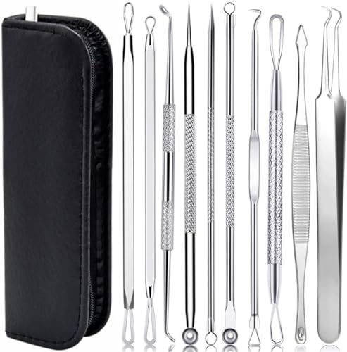 AIBEE Mitesserentferner Komedonenquetscher Set -10PCS Blackhead Remover mit Akne Pickel Pinzette Mitesser Entferner,Pickel Ausdrücken Werkzeug für Nasen-Gesichtspflege (Edelstahl)