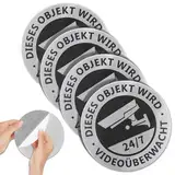 Hejo 4 Stück Videoüberwachung Schild, Aluminium Achtung Kamera Schild, Schild Kameraüberwachung, Selbstklebendes Kamera Überwachung Schild für Öffentliche und private Orte (φ 7,5cm, Rund))