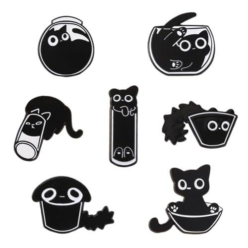 Katyjun 7 Stück Schwarze Katze Pins for Bags, Cute Enamel Pin Anstecker