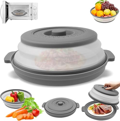 APOMOONS Faltbare Mikrowellen Abdeckung 27cm, Abdeckhaube Mikrowelle ohne BPA, Transluzente Mikrowellenabdeckung, Mikrowellenhaube Spritzschutz, Filterkorb mit Dampflöchern für Obst und Gemüse (Grau)