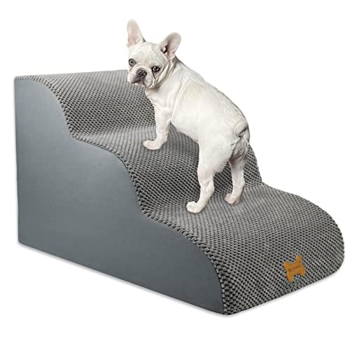 Nepfaivy Hundetreppe für Kleine Hunde 3-Stufig, Haustiertreppe für Bett und Sofa aus Hochdichtem Schwamm, Hunde Treppe Hunderampe mit Abnehmbarem, Waschbarem Bezug und Rutschfestem Boden, 60x40x40cm