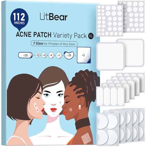 LitBear Große Akne Patches (7 Größen, 112 Patches), Große Pickel Patches, Größe XL für ganzes Gesicht, Stirn, Kinn, Nase, Körper, Rücken, Hals und Brust, Mondförmige, Quadratische Hydrokolloid Patches