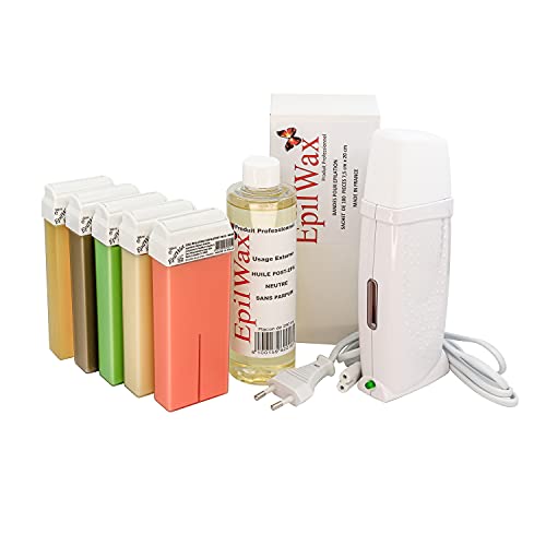 EpilWax Royal Epilationsset Komplett mit: Professionellem Wachswärmer 5 Roll-On Wachs 100 ml panaschiert, 100 Epilierstreifen, 1 Flasche mit 250 ml Öl nach der Epilation - (Royal Serie panaschiert 5)