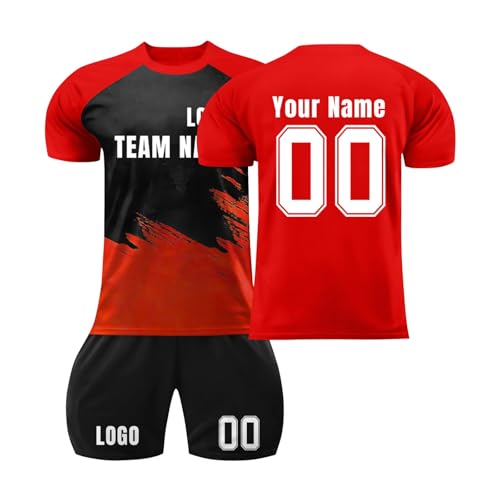 Individuelle Fußball Trikot Sets Kinder Erwachsene Personalisiert Fussballtrikotset mit Namen Team Nummer Logo Soccer T-Shirt Shorts Set für Jungen Männer Fans Fussball Trainingstrikot,Red