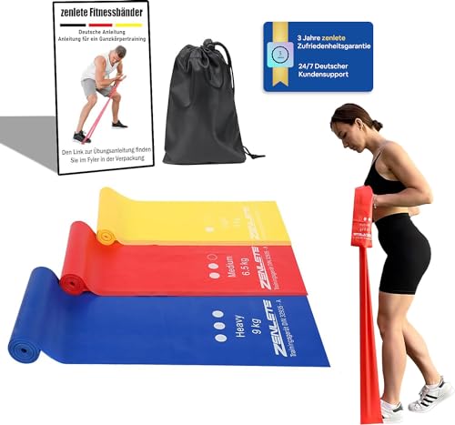 zenlete Fitnessband Widerstandsband 3er Set 2,5m extra lang, Fitnessbänder Gymnastikband Physioband mit Tragetasche & E-Book für Yoga, Pilates, Krafttraining Physiotherapie