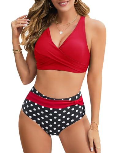 UMIPUBO Bikini Damen Set Bauchweg Große Brüste High Waist Push Up Bikinis Gekreuztem V Ausschnitt Sexy Bademode Bauchkontrolle Swimsuit Strandbikini(Rot,M)