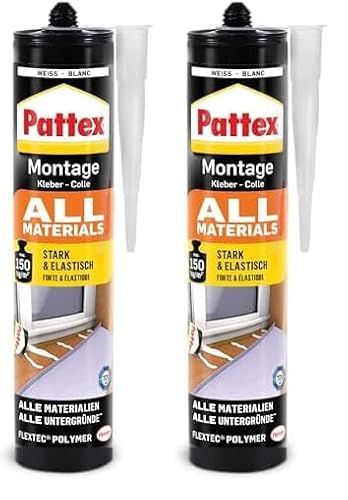 Pattex Montagekleber All Materials, stark haftender Alleskleber, Kraftkleber für innen & außen, Kleber für saugende und nichtsaugende Materialien, 1 x 450g (Packung mit 2)