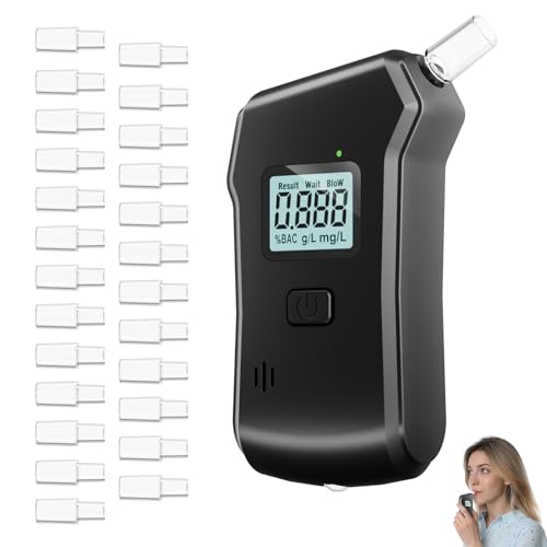 Alkoholtester, Promillemessgerät, Alkoholtester Polizeigenau mit 25 Mundstücken, Professioneller Alkoholmessgerät mit Digitaler Blauer LCD-Anzeige, Tragbarer Alkomat für den Heim und Partygebrauch