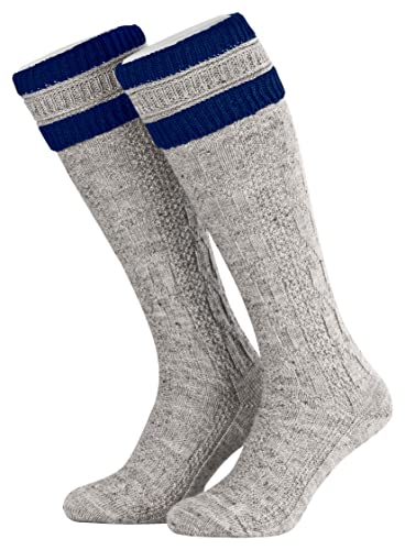 Piarini 43 44 1 Paar Herren Trachtenstrümpfe Trachtensocken Zopfmuster Trachtenstutzen Umschlag Wolle lang Nuss Royal Blau