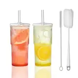 VITEVER 600ML Bubble Tea Glasbecher mit Deckel und Strohhalm，2 Pack High Borosilicate Glas Longdrinkglas Set für Eiskaffee Saft Smoothie Wasser Tee, Transparente gestreifte Glas-Wasserbecher