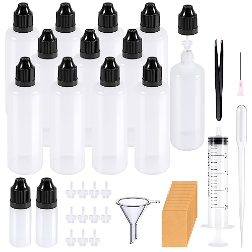 RYMALL Flaschen, Tropfflasche 12x100ml+2x10ml Dropper Bottle Quetschflaschen mit Kindersicherung Deckel Inkl. Trichter Etiketten Transfer Pipette Spritzen und Pinzetten für Liquids, Kunststoff