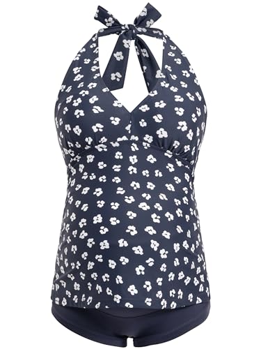 Herzmutter Umstandstankini - Schwangerschafts-Badeanzug - Neckholder - Zweiteiler-Bademode - Überbauchhose-Panty - 7100 2.0 (M, Blau-Blumen)