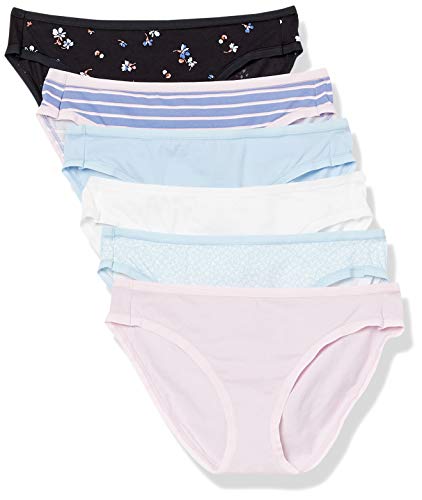 Amazon Essentials Damen Bikinihose aus Baumwolle (in Übergröße erhältlich), 6er-Pack, Blau/Hellrosa/Schwarz Floral/Streifen/Streublumen/Weiß, 44