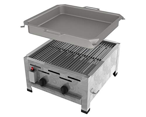 ChattenGlut Professional Gastrobräter 2-flammig Tischgerät Edelstahl Stahlbrenner für Flüssiggas 480x530x270mm (7,3kW Rost + Pfanne)