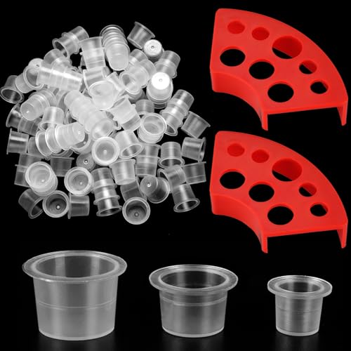300 Stück Tattoo Tintenbecher mit 2 Cups Halterungen, kleine und mittlere und große je 100, Tinte Pigment Cups Ink Cups für Zubehör, Farbbehälter Tätowieren Tattoo