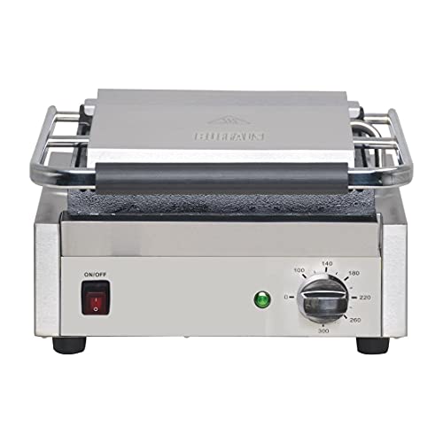 Buffalo Bistro 2,2 kW großer Kontaktgrill mit Grillschaber, Edelstahl, Grillfläche: 300x226 mm, flache obere und untere Gusseisenplatten, DY997