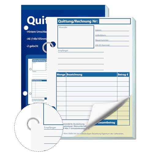 1 Stück A6 Quittungsblock Durchschreibend Rechnungsblock Kleinunternehmer 2 x 50 Blatt gelocht für Kleinunternehmer Vereine Selbständige