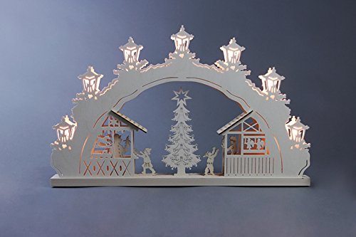 Schwibbogen Weihnachtsmarkt Länge ca 52cm NEU Motivleuchte Lichterbogen LED Erzgebirge Bergkirche Räucherhaus Räucherkerze Holz Bergmann Seiffen Bergbau Bergwerk Weihnachtsbude Markt Christb
