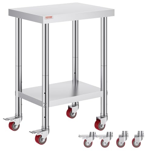 VEVOR Arbeitstisch 61 x 46 x 86 cm Edelstahl Catering Arbeitstisch 100 kg für Belastbarkeit Lebensmittel Zubereitungstisch Gewerbliche Arbeitstisch für Küche Bar Restaurantar 4 verstellbare Füße