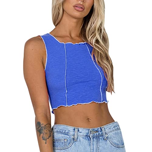 MKIUHNJ Damen T-Shirt Mit Rundhalsausschnitt Damen-Tanktop mit Kontrasteinsatz, modisch, ärmellos, runder Halsausschnitt, kurzer Pullover Ringelshirt Damen