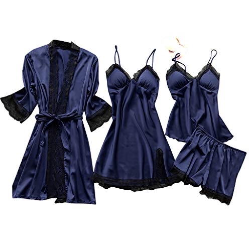 4-Teiliges Schlafanzug Damen Pyjama Set 4 Stück Set Satin Nachthemd Shorts Schlafanzug Spitze Nachtwäsche Sexy Seiden Nachtkleid Negligee Robe Frühling Sommer Herbst Morgenmantel Weich