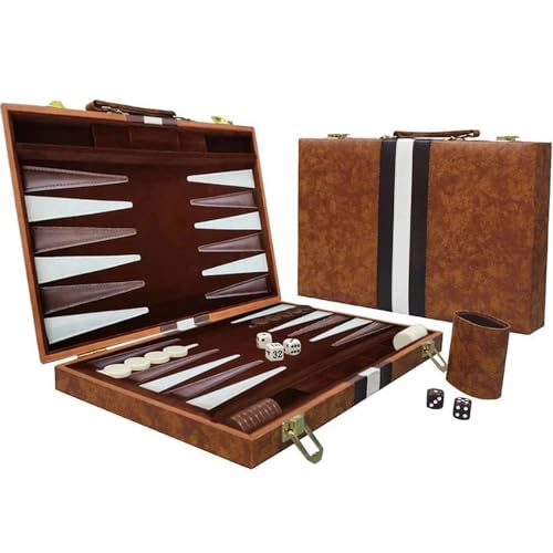 RATSTONE Backgammon，Backgammon Holz，Backgammon Koffer，Backgammon-Set, Brettspiel mit hochwertigem Lederetui mit Würfelbecher, tragbares und reisetaugliches Backgammon-Set, 15 Zoll