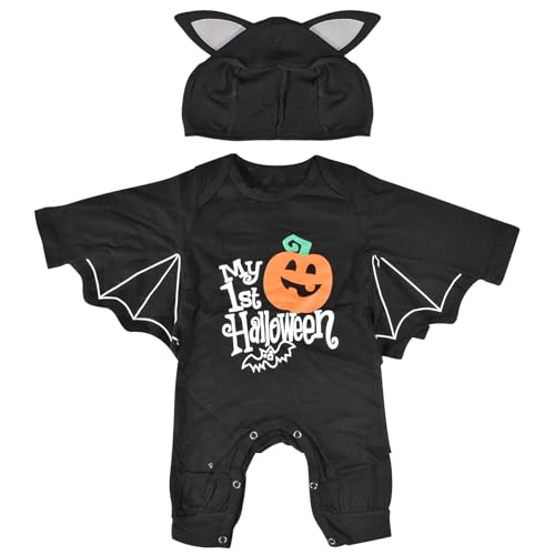 UieaMsio Baby Halloween Kostüm, Baby Fledermaus Kostüm, Niedlich, Baby-Einteiler, Unisex Fledermaus Kostüm Strampler für Halloween Cosplay Party Kostüm (Schwarz, 6-12 Monate)