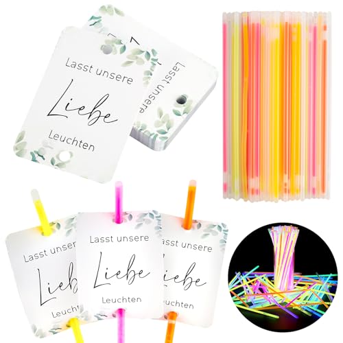 50 Stück Knicklichter Hochzeit Schilder, Knicklichtschilder Hochzeit mit Spruch Lasst Unsere Liebe Leuchten, Hochzeitsschilder mit 50 Stück LeuchtstäBe für Hochzeiten Partys