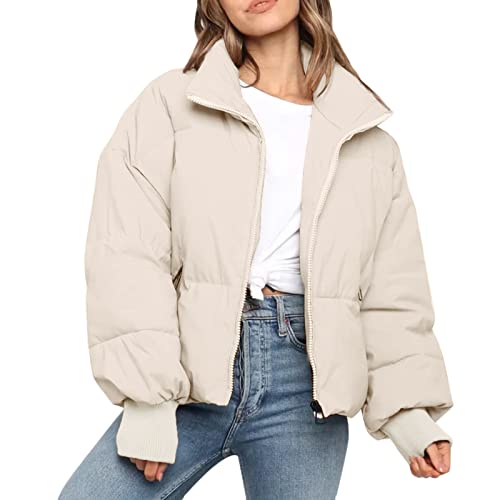 Lapirek Damen Puffer Jacke Kurz Schwarz Beige Winter Warm Gesteppte Dicke Winterjacke Winter Warm Ubergangs Damen-Jacken Outdoor Langarm-Baumwolljacke Jacken füR Damen (A-Beige, M)