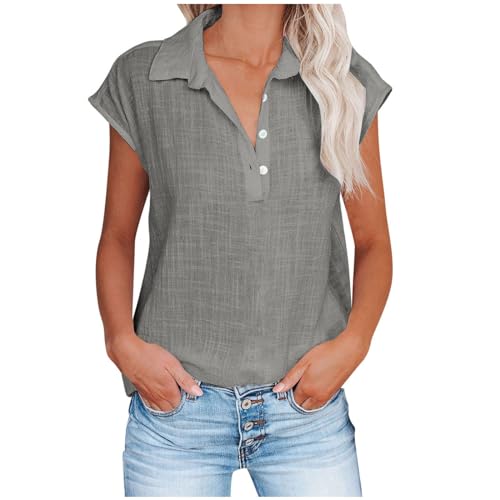 AEGJEGVD Sommer Leinenbluse Damen Elegante Baumwolle Tshirt Sexy V-Ausschnitt Oberteile Casual Einfarbig Tunika Longshirt mit Knopfleiste Leinen Sommershirts Leicht Atmungsaktiv Leinenhemd Shirt 2024