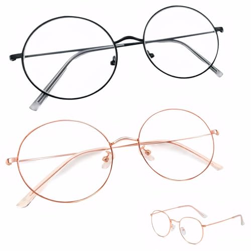 ZhongShuang 2 Pcs Blaulichtfilter Brille Damen Herren - Blaufilter,Kinderbrille Ohne Stärke,Fake Brillen,Blaulicht Blocking Brille Runde Metall Frame Retro,Computer Blaulicht Blockierende