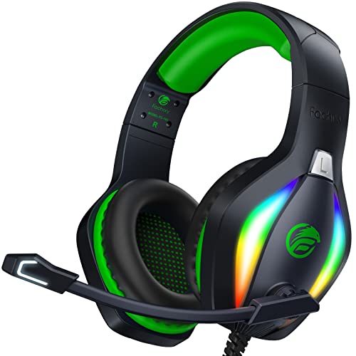 Fachixy 「2024 New」 FC100 Gaming Headset für PS4/PS5/PC/Xbox/Nintendo Switch, PS4 Kopfhörer mit Kabel und RGB Licht, Stereo Surround Kopfhörer mit Mikrofon, Noise Cancelling Gamer Headphones - GRÜN