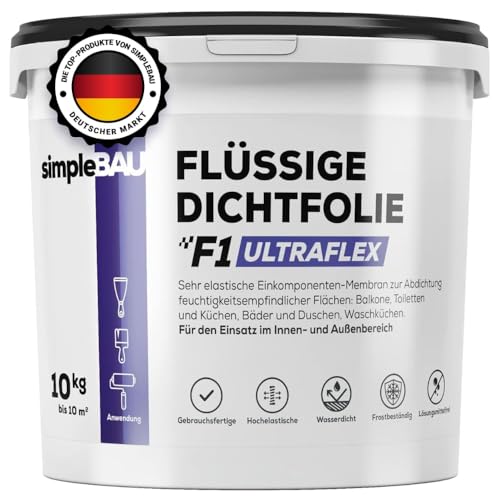 simpleBAU - Flüssigfolie Dichtfolie F1 Ultraflex 10 KG, Gebrauchsfertig Dichtmasse Wasserdicht, Dichte Einkomponentige Dichtungsmasse für Außen und Innen, Badabdichtung Frostsichere Dichtungsbahn