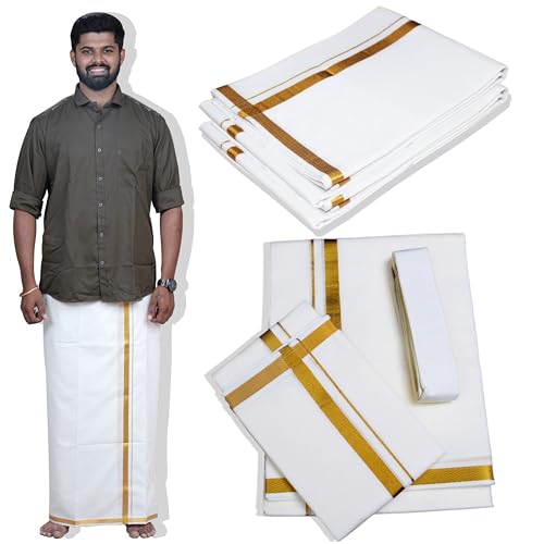 JARWISE Herren Dhoti/Veshti/Mundu Set aus Baumwolle, cremefarben (enthält Dhoti [3,8 m], Angavastram [1,8 m] und Dhoti-Gürtel [1,4 m]), Cream, Einheitsgröße