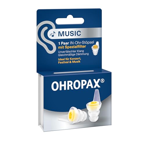 OHROPAX Music Ohrstöpsel – mit Spezialfilter – unverfälschter Klang bei gleichmäßiger Dämmung – Schalldämmwert SNR 19 dB – ideal für Konzerte – 1 Paar mit eingesetztem Filter + 1 kleineres Stöpselpaar