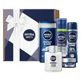 NIVEA MEN Protect & Care Geschenkset, Geschenk für Männer, Geschenkbox mit Gesichtspflege (50 ml), Rasierschaum (200 ml), After Shave Balsam (100 ml), Deo Spray (150 ml) und Duschgel (250 ml)