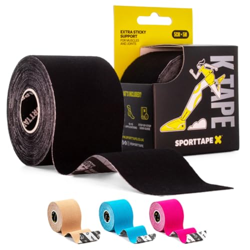 SPORTTAPE Kinesiologie Tape - 5 m Rolle - Schwarz - Physio Tape und Sport tape bei Verletzungen und Schmerzen - Elastisches und hautfreundliches Muskel-Tape | Wasserfest & hypoallergen Kinesiotape