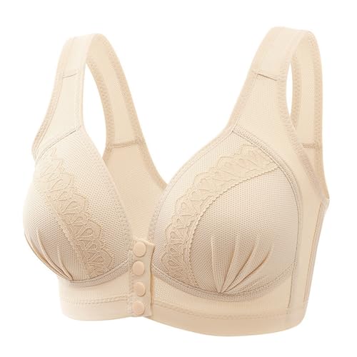 Damen BH Ohne Bügel Baumwolle Unterwäsche Verschluss Vorne Große Brust Weicher Haltungskorrektur BH Bustier Bustier Damen Weicher Bra Bralette Bequeme Vollschalen Entlastungs Büstenhalter (Beige, 44)