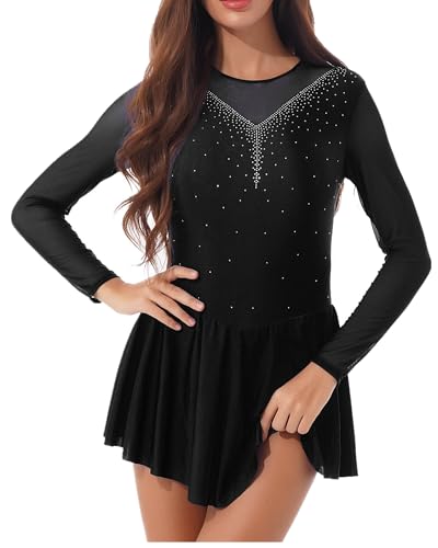 TiaoBug Damen Langarm Eiskunstlauf Kleid Strass Eislaufen Rollschuh Kleid Ballettkleid Tanzkleid Gymnastik Bekleidung gr.S-3XL Schwarz E L